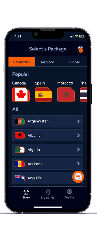 Phone screen showing package selection