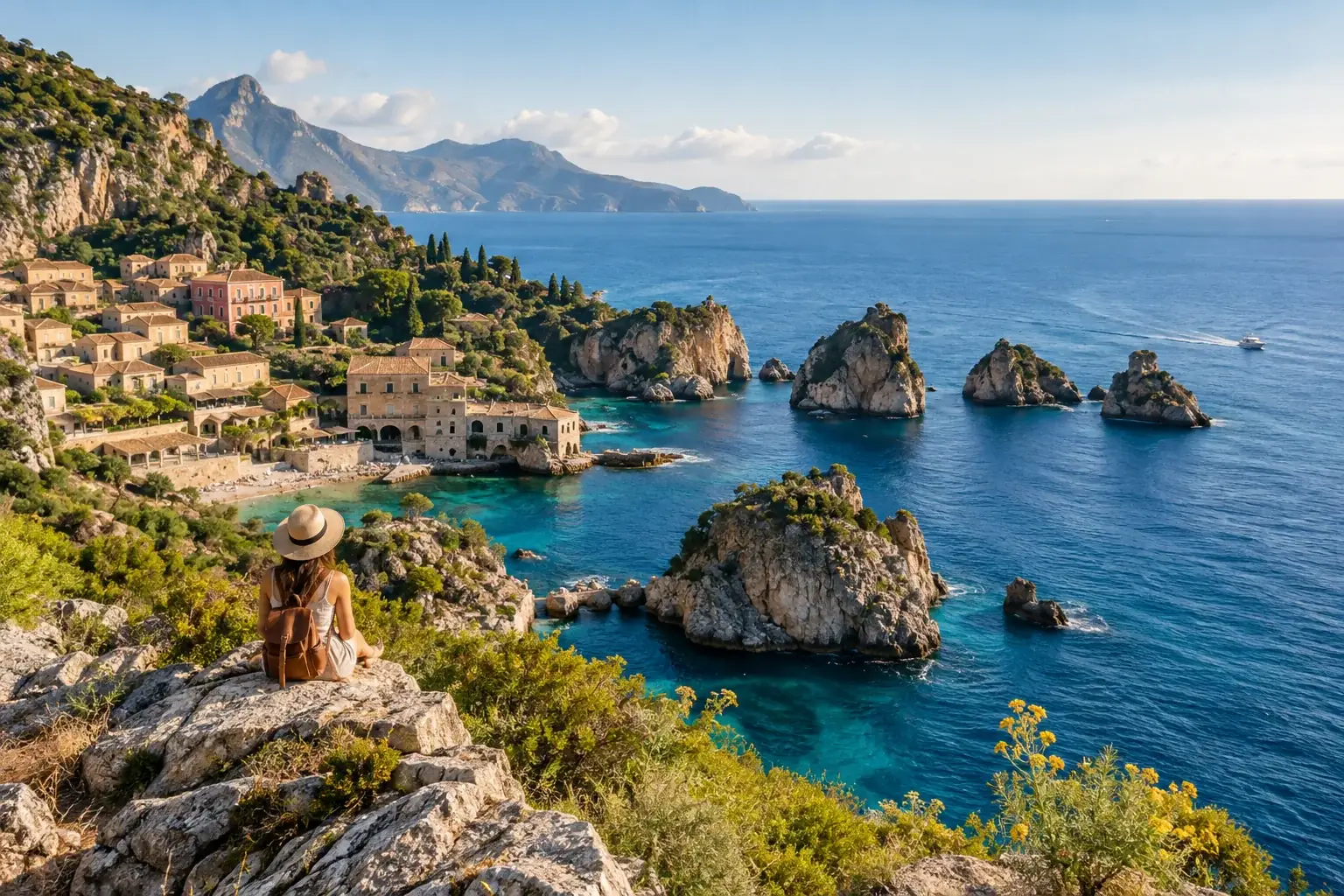 Sunlit coastal landscape