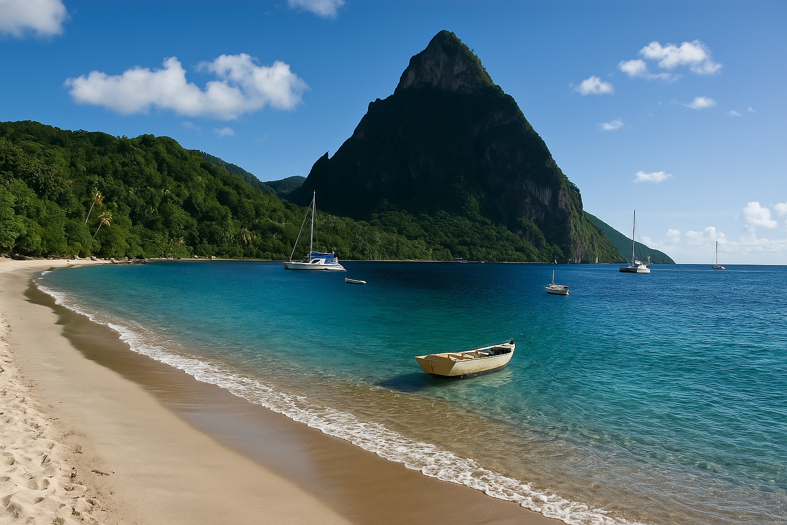 Saint Lucia beach with sailboats and Gros Piton mountain, visa on arrival destination for Indian travelers.